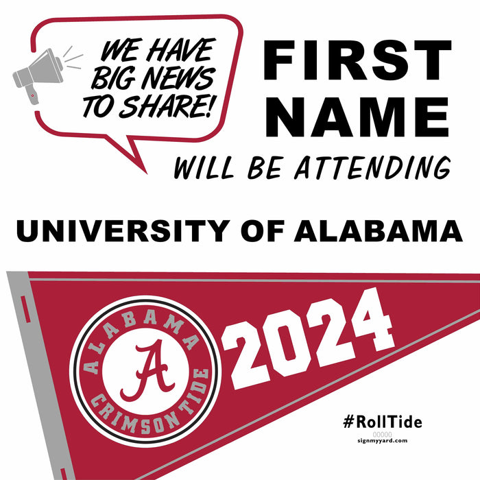 University of Alabama College Acceptance 24x24 Yard Sign (Option B)